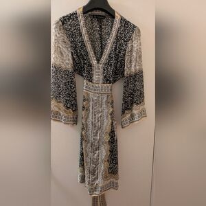 INC International Concepts Black and Gold Patterned Dress, Flowy Tie In Back